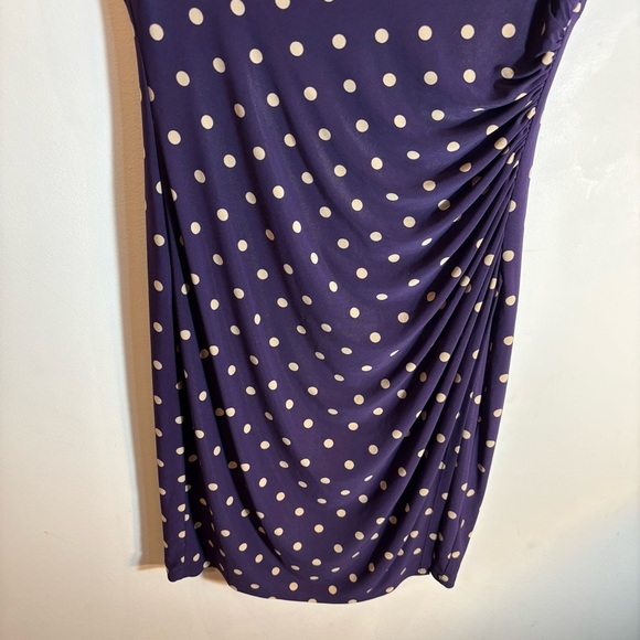 LAUREN RALPH LAUREN Sz 10 Purple Beige Polka Dot Above the Knee Ruched Dress - Picture 4 of 8